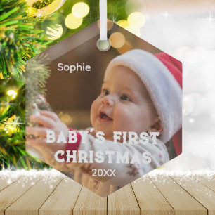 Ornement En Verre Premier Noël de bébé Photo Nom Année