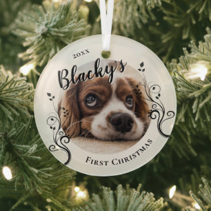 Ornement En Verre Premier Noël de chiots Feuillage Nom de chien Phot