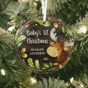 Ornement En Verre Premier Noël du bébé d'orignal rustique en bois