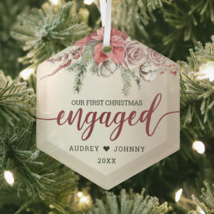 Ornement En Verre Premier Noël Engagé Red Poinsettia Rose Floral