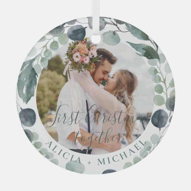 Ornement En Verre Premier Noël ensemble couple photo noms (Recto)