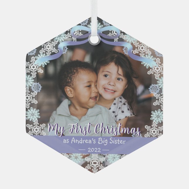 Ornement En Verre Premier Noël Grandma Snowflakes Ribbon Bleu clair (Recto)