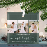 Ornement En Verre Premier Noël M. et Mme 3 Script photo vert<br><div class="desc">Commémorez votre premier Noël en tant que nouveau mariés avec ce magnifique ornement de gardiens moderne. Le texte blanc dit "Notre premier Noël comme", avec les mots "m & mrs" dans un élégant script d'écriture manuscrite avec des fioritures avant et après. Remplacez les trois exemples d'images par vos photos verticales...</div>