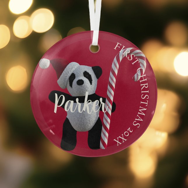 Ornement En Verre Premier Noël Panda Bear Sucre de canne Rouge (First Christmas panda ornament just for you)