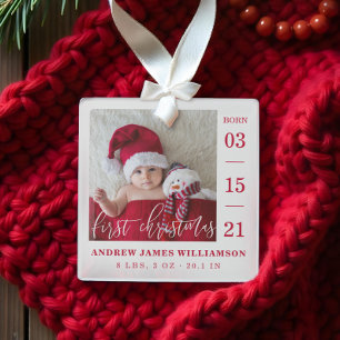Ornement En Verre Premier Script de Noël Baby Birth Stats & Photo