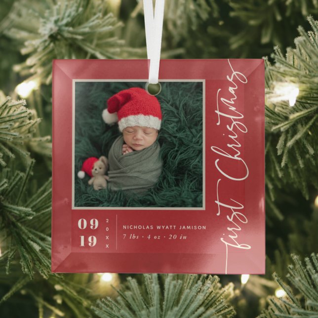 Ornement En Verre Premier Script de Noël Bébé Naissance Statistiques (Insitu)