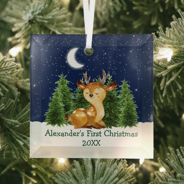 Ornement En Verre Première aquarelle de Noël pour bébé Forêt de Cerf (Insitu)