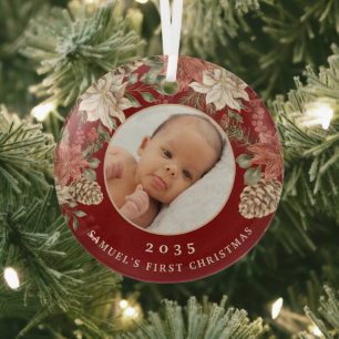 Ornement En Verre Première Noël de bébé, photo élégante et riche rou