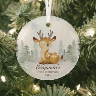 Ornement En Verre Première Noël du bébé de cerfs de la forêt aq