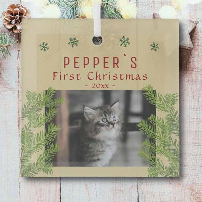Ornement En Verre Première Noël Kitten Cat Pine photo garde-photos (Créateur téléchargé)