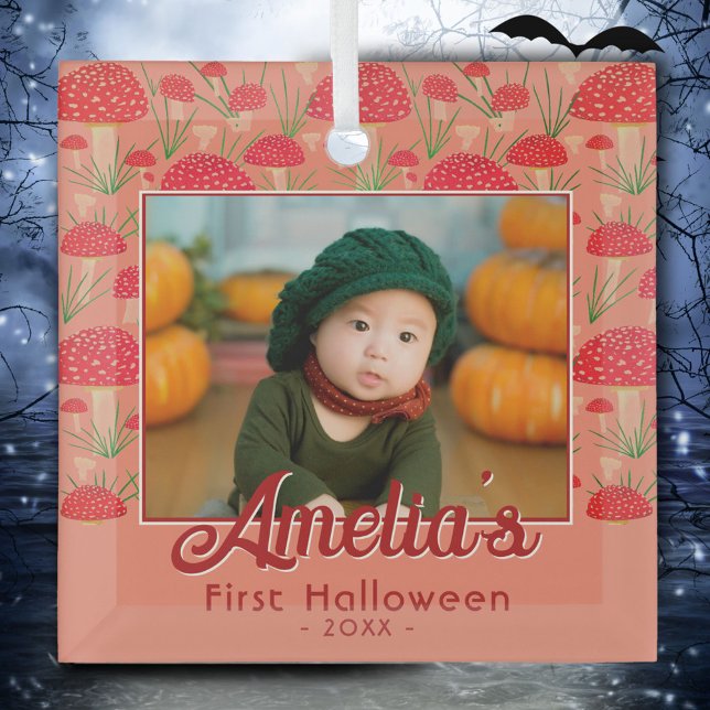 Ornement En Verre Première photo de l'automne du champignon rouge Ha (Créateur téléchargé)