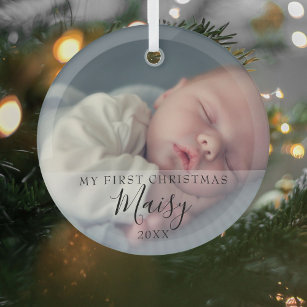Ornement En Verre Première photo de Noël du bébé Script élégant