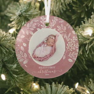Ornement En Verre Première photo rose de Noël du bébé