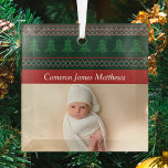 Ornement En Verre Red Green Tree Baby's 1st Christmas Photo Vintage<br><div class="desc">Un sapin de Noël vintage et un motif de pull Jacquard au-dessus de votre texte personnalisé pour le premier Noël de votre bébé. Customisez ces ornements cadeaux de vacances avec une belle photo de nouveau-né sous le design vert et rouge de Noël. Une grande coutume présente pour les nouveaux grands-parents....</div>