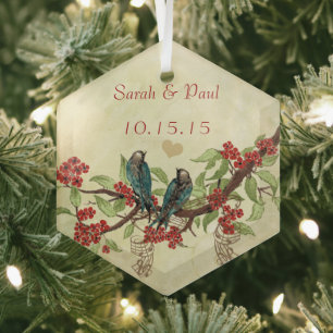 Ornement En Verre Red Vintage Bird Enregistrer la date Damask Notes