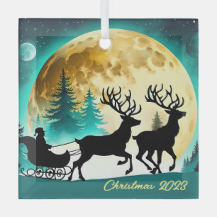 Ornement En Verre Reindeer et Sleigh pleine lune