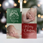 Ornement En Verre Rejoice Angel Belle Rouge Vert Noël Photo<br><div class="desc">Beau ornement photo de Noël personnalisé rouge et vert pour un membre de la famille comme Grand-mère ou Grand-père. Customisez ce cadeau de vacances avec vos enfants photos à côté du magnifique ange volant au-dessus des mots A Thrill of Hope the Weary World Rejoices. Réjouissez-vous et ajoutez votre message d'amour...</div>