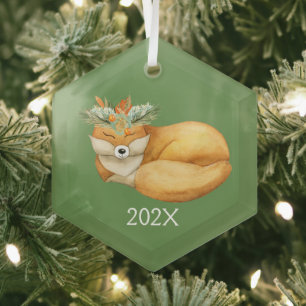 Ornement En Verre Renard de Noël à l'aquarelle Souvenir Année