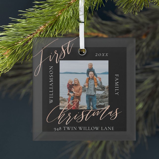 Ornement En Verre Rose Gold Calligraph Noël Nouveau Accueil Photo (Rose Gold Calligraph Christmas New Home Photo Glass Ornament)