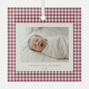 Ornement En Verre Rouge Gingham Cranberry Noël de bébé personnalisé