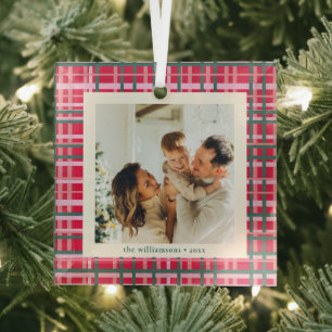 Ornement En Verre Rouge Vert Carreaux Classiques Photo Souvenir Noël