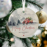 Ornement En Verre Rustic Red Truck Noël personnalisé<br><div class="desc">Camion rustique aquarelle rouge Joyeux ornement en verre de Noël. Personnalisez en ajoutant votre nom de famille et votre année.</div>
