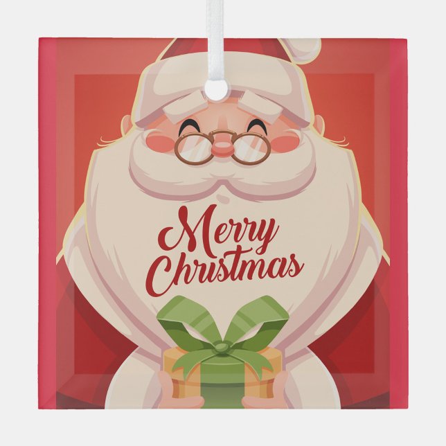 Ornement En Verre Santa Claus (Illustration of Santa Claus holding a gift with a green bow, set against a red background. )
