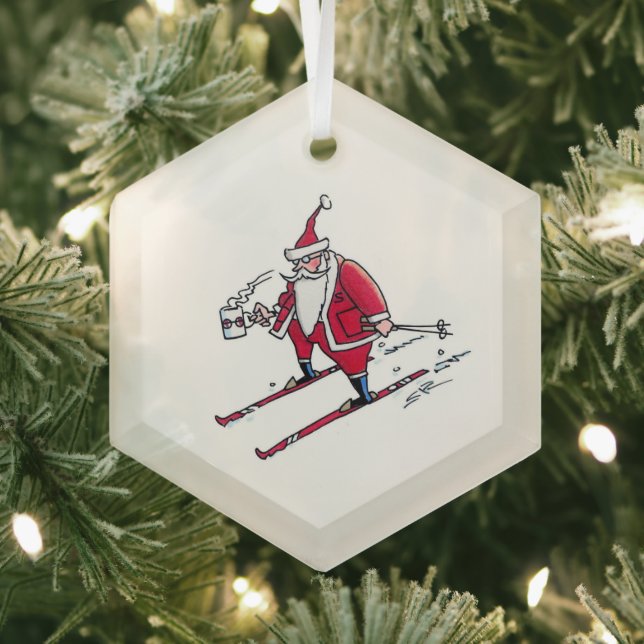 Ornement En Verre Santa Skiing hexagon glass ornament (Insitu)