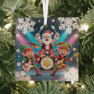 Ornement En Verre Santa's Drumming Rock Band Ornament