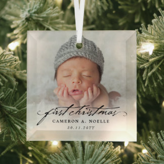 Ornement En Verre Script Vintage classique Bébé 1ère photo de Noël