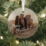 Ornement En Verre Script Whimsical Photo moderne Noël<br><div class="desc">Ornement moderne de Noël avec "Joyeux Noël" dans un script fantaisiste sur votre photo préférée.</div>
