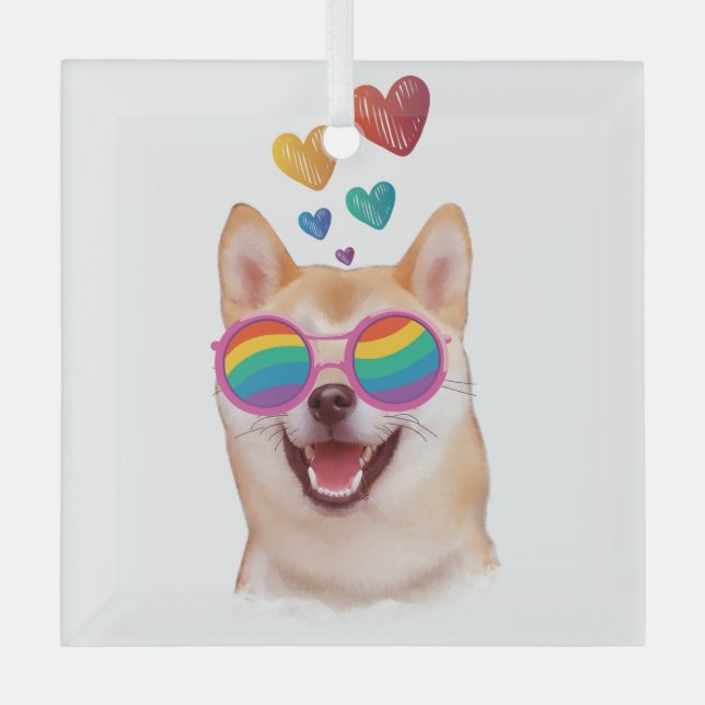 Ornement En Verre Shiba Inu Chien avec Coeurs Saint Valentin (Recto)