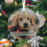 Ornement En Verre Simple Chiot 'My First Christmas' Photo Keepsaké<br><div class="desc">Créez le premier ornement de Noël d'un animal de compagnie avec ce simple modèle moderne. Design présente une photo de votre chiot ou chaton,  une bannière blanche avec le texte "MY FIRST CHRISTMAS" et le nom de l'animal.</div>