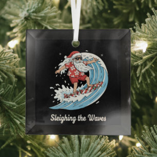 Ornement En Verre "Sleighing the Waves" Drôle de Père Noël de Surf T