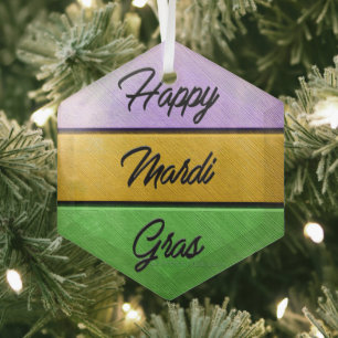 Ornement En Verre SlipperyJoe's Happy Mardi Gras violet or vert b