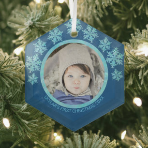 Ornement En Verre Snowflake Blue Opal Chic Round Photo Noël