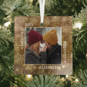 Ornement En Verre Snowflakes mariés Photo Gold