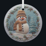 Ornement En Verre Snowman brodé<br><div class="desc">L'effet Broderie fait de ce bonhomme de neige un ornement époustouflant pour votre arbre de Noël ou pour un cadeau de Noël. Ajoutez un nom sur le devant que vous voulez personnaliser !</div>