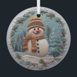 Ornement En Verre Snowman brodé<br><div class="desc">L'effet Broderie fait de ce bonhomme de neige un ornement époustouflant pour votre arbre de Noël ou pour un cadeau de Noël. Ajoutez un nom sur le devant que vous voulez personnaliser !</div>
