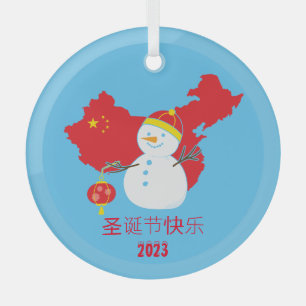 Ornement En Verre Snowman, drapeau chinois de Noël