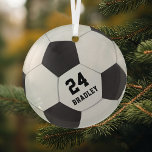Ornement En Verre Soccer Football Gift | Name Number<br><div class="desc">Personalized soccer christmas ornament featuring a football,  the childs name and shirt number.</div>