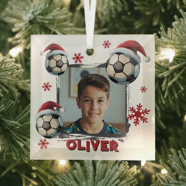Ornement En Verre Soccer Football Santa Hat Name Photo Christmas  (Insitu)