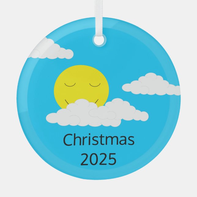 Ornement En Verre Soleil souriant avec nuages de maïs soufflé : Turq (Recto)