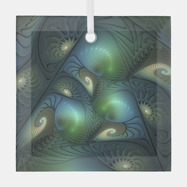 Ornement En Verre Spirales Turquoise Beige Vert Abstrait Fractal Art (Recto)