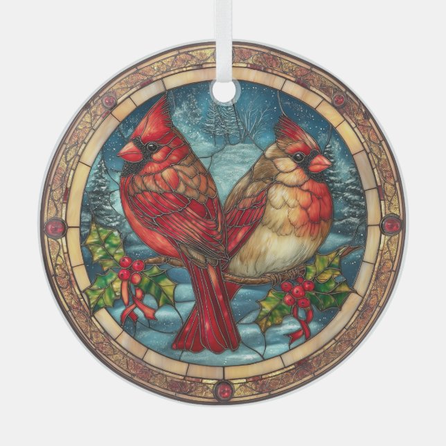 Ornement En Verre Stained Glass Cardinals on Holly Branch  (Recto)