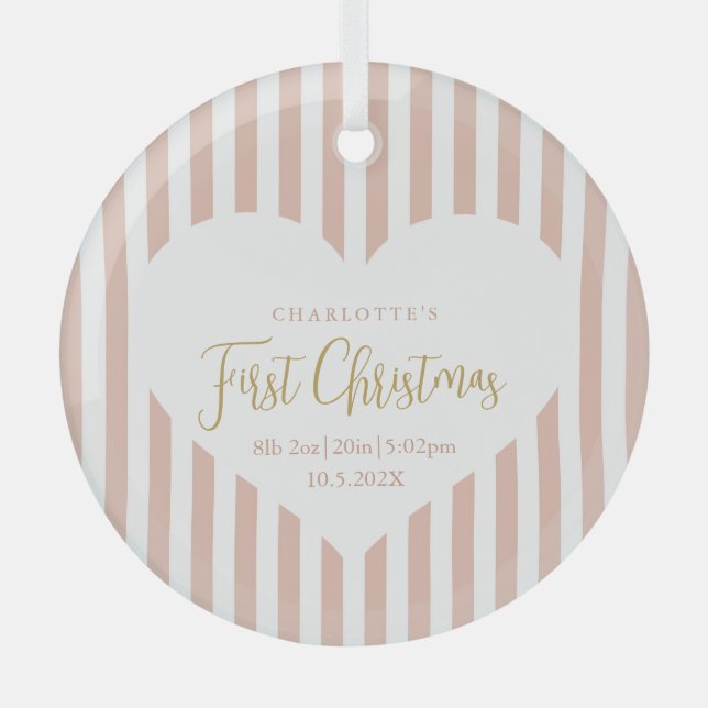 Ornement En Verre Stripes Baby's First Christmas Birth Statistiques  (Recto)