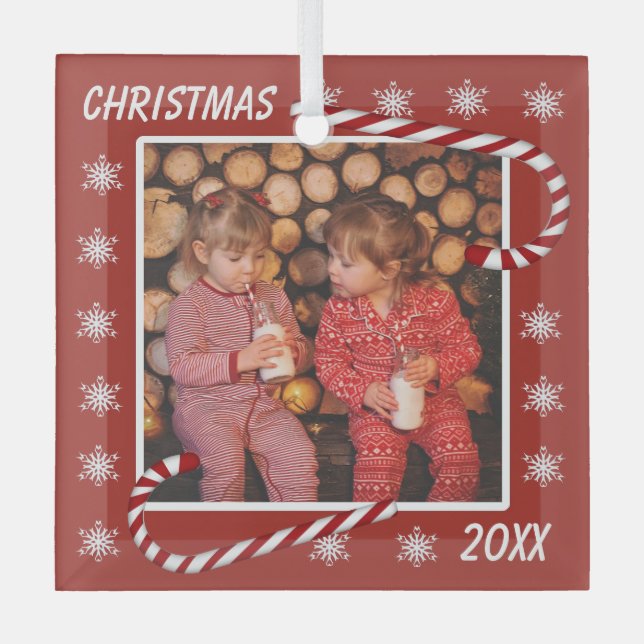 Ornement En Verre Sucres de canne rouges de Noël Photo personnalisée (Recto)