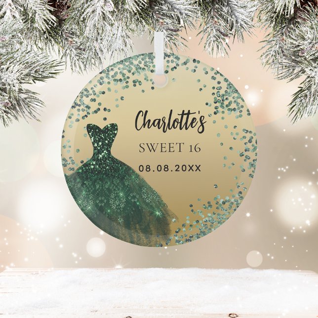Ornement En Verre Sweet 16 robe en or vert émeraude (Créateur téléchargé)