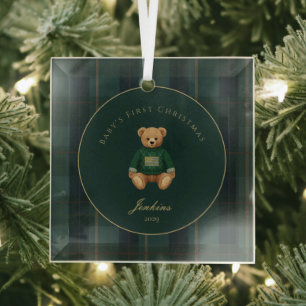 Ornement En Verre Tartan à carreaux vert foncé Bébé premier Noël