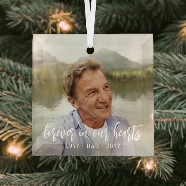 Ornement En Verre Texte Mémorial 1 Photo Simple Blanc Script (Créateur téléchargé)